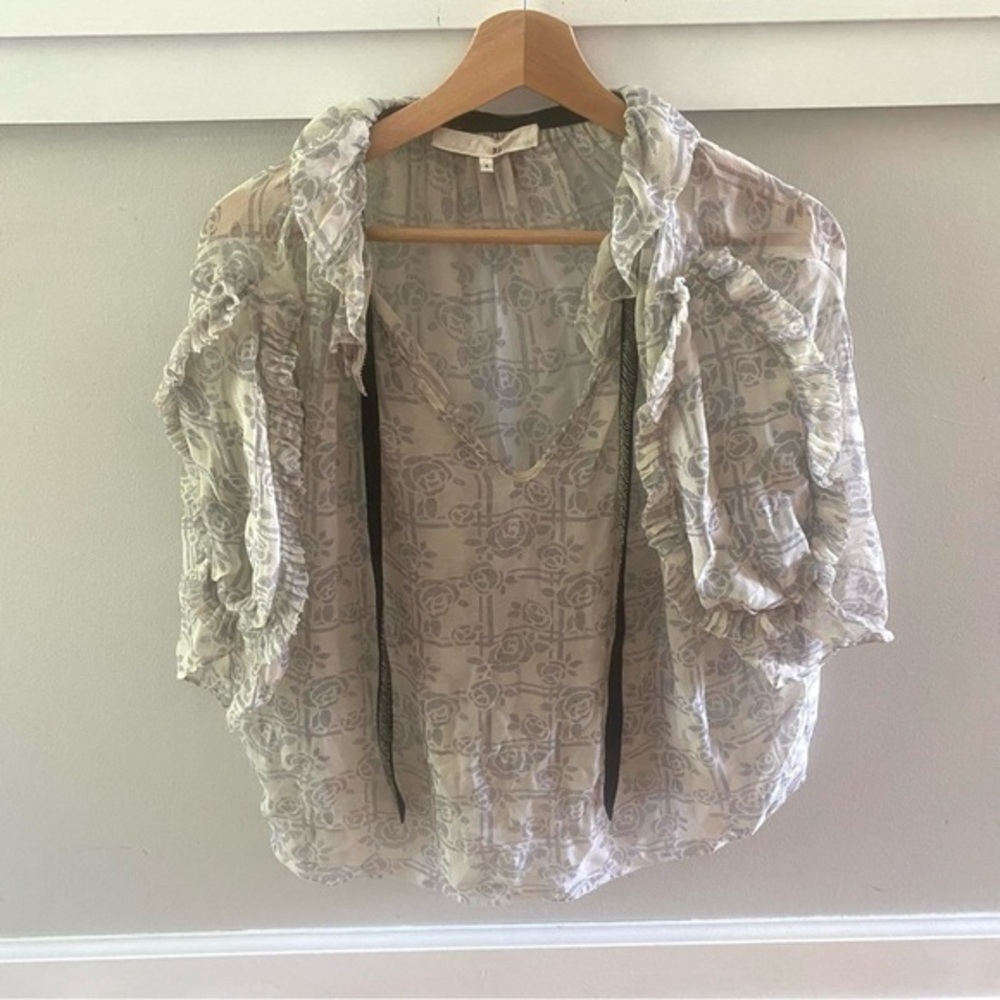 3.1 Phillip Lim Blouse Silk Chiffon Sheer Print Beaded Ruffle Sleeve Top